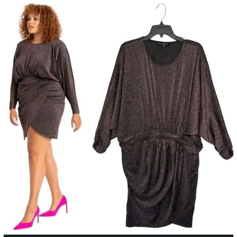 Eloquii Dress Womens Size 20 Dolman Sleeves Tulip Hem Lurex Metallic Black NWT